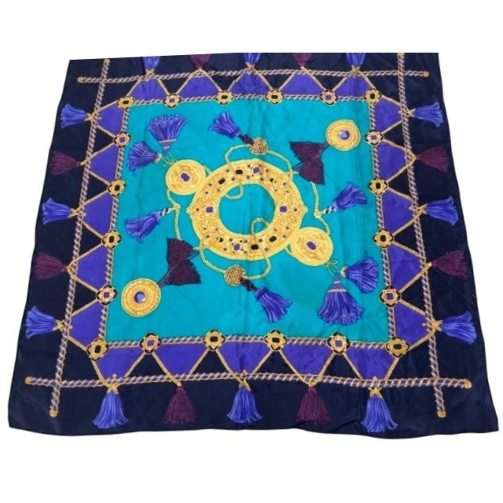 Grandmillennial Liz‎ Claiborne 1995 Silk Tassel Medallion Scarf Teal Navy 34in